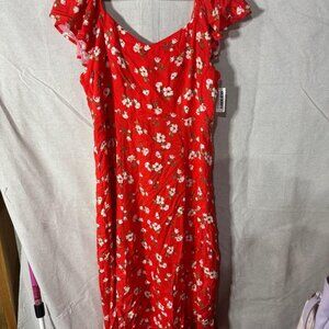 Old Navy Red Floral Dress – Ruffle Sleeve & V-Neck – Size XL